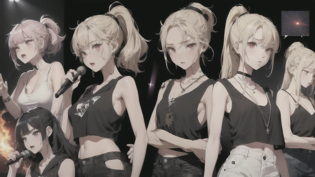 top quality、Best image quality、masterpiece、girl((18 years old、tattered clothes、Black tank top、black short sleeve hoodie、white pants、best tits、chest 85、blond hair、disheveled ponytail、red eyes、open your chest wide、happiness、sweating、chain accessories、hold the mic、speech bubble(love you),singing、dance))high quality、Visual arts、background((Live House、article、combustion conversion、Laser pointer))、table top