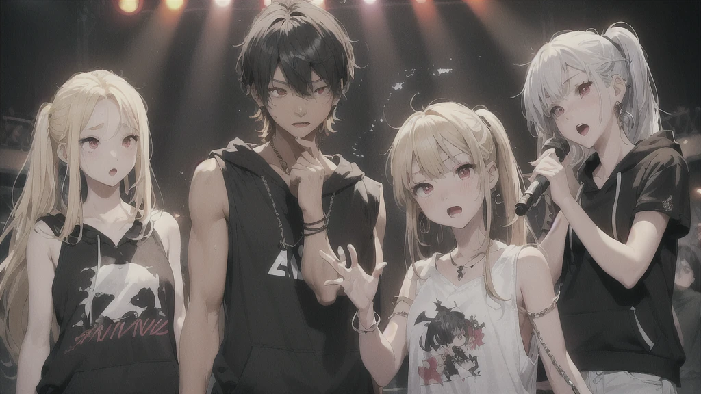 top quality、Best image quality、masterpiece、girl((18 years old、tattered clothes、Black tank top、black short sleeve hoodie、white pants、best tits、chest 85、blond hair、disheveled ponytail、red eyes、open your chest wide、happiness、sweating、chain accessories、hold the mic、speech bubble(love you),singing、dance)）high quality、Visual arts、background((Live House、article、combustion conversion、Laser pointer))、table top