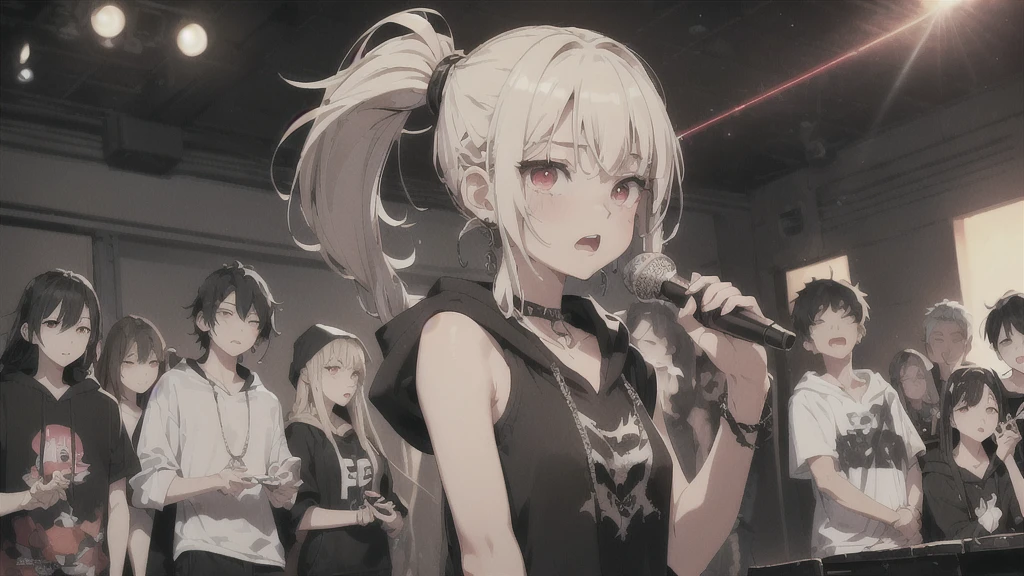 top quality、Best image quality、masterpiece、girl((18 years old、tattered clothes、Black tank top、black short sleeve hoodie、white pants、best tits、chest 85、blond hair、disheveled ponytail、red eyes、open your chest wide、happiness、sweating、chain accessories、hold the mic、speech bubble(love you),singing、dance))high quality、Visual arts、background((Live House、article、combustion conversion、Laser pointer))、table top