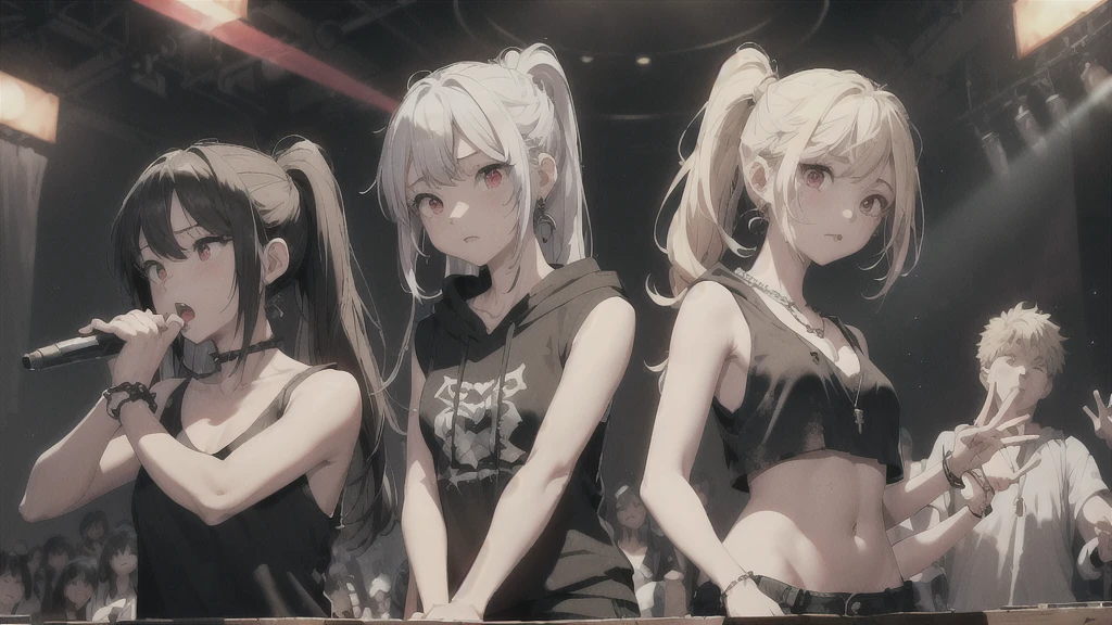 top quality、Best image quality、masterpiece、girl((18 years old、tattered clothes、Black tank top、black short sleeve hoodie、white pants、best tits、chest 85、blond hair、disheveled ponytail、red eyes、open your chest wide、happiness、sweating、chain accessories、hold the mic、speech bubble(love you),singing、dance))high quality、Visual arts、background((Live House、article、combustion conversion、Laser pointer))、table top
