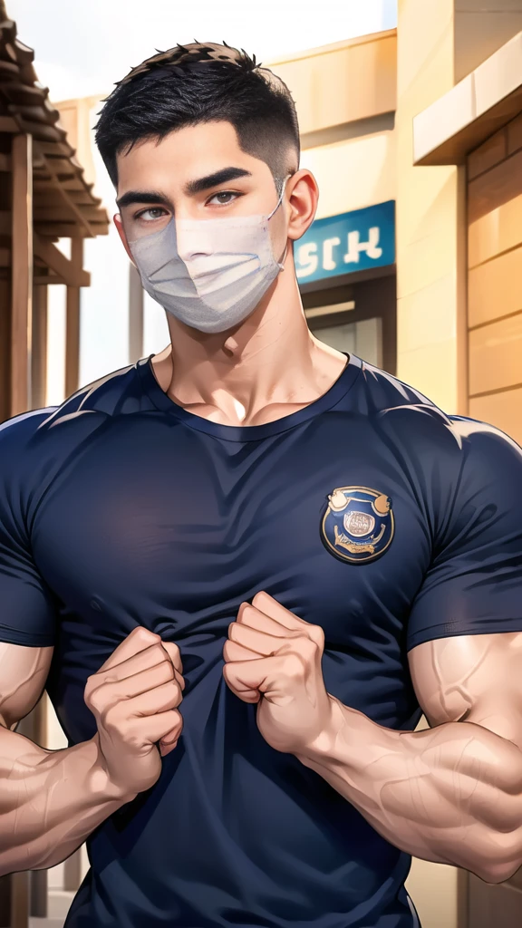 (handsome Man),(crew cut short hair:1.8),black eye,(Wear a fitted round neck t-shirt in navy with a police badge.:1.5),(fit neck),Navy blue jeans,(black_gloves:1.2), Korean guy,chest muscles,large arm muscles,blood vessel,Big muscles,Broad shoulders, (open mouth:1.2),(face up:1.2),(open eyes:1.5), middle of the road,smile,(backpack:1.3), In front of the bread shop ,(Cotton Mask:1.3