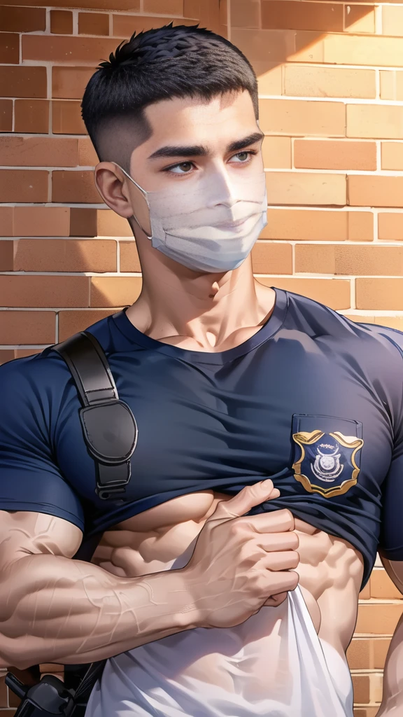 (handsome Man),(crew cut short hair:1.8),black eye,(Wear a fitted round neck t-shirt in navy with a police badge.:1.5),(fit neck),Navy blue jeans,(black_gloves:1.2), Korean guy,chest muscles,large arm muscles,blood vessel,Big muscles,Broad shoulders, (open mouth:1.2),(face up:1.2),(open eyes:1.5), middle of the road,smile,(backpack:1.3), In front of the bread shop ,(Cotton Mask:1.3