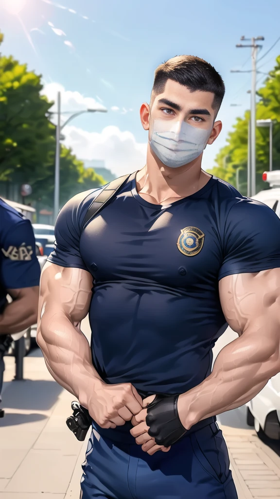 (handsome Man),(crew cut short hair:1.8),black eye,(Wear a fitted round neck t-shirt in navy with a police badge.:1.5),(fit neck),Navy blue jeans,(black_gloves:1.2), Korean guy,chest muscles,large arm muscles,blood vessel,Big muscles,Broad shoulders, (open mouth:1.2),(face up:1.2),(open eyes:1.5), middle of the road,smile,(backpack:1.3), In front of the bread shop ,(Cotton Mask:1.3