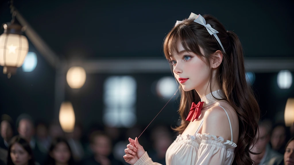 (extremely delicate and beautiful: 1.2), 1 girl, hits, Blue eyes, blur, blur background, bow, Brown hair, Shut up, side view, hair between the eyes, hair bow, lantern, light particles, long sleeves, look looking at the audience, medium hair, evening, red bow, Alone, stars(Symbol), Upper part of the body, SMILE, Red lips
