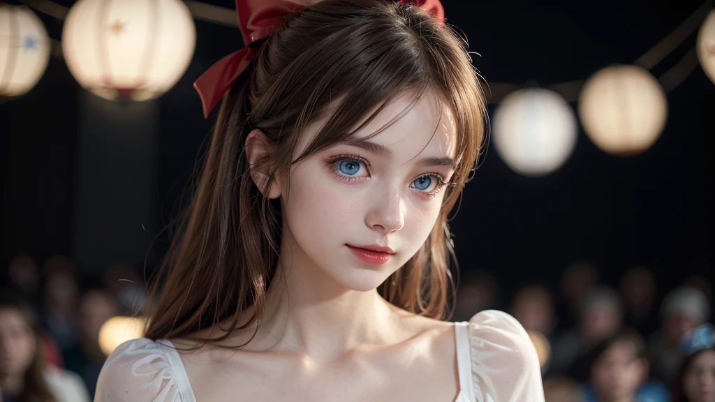 (extremely delicate and beautiful: 1.2), 1 girl, hits, Blue eyes, blur, blur background, bow, Brown hair, Shut up, side view, hair between the eyes, hair bow, lantern, light particles, long sleeves, look looking at the audience, medium hair, evening, red bow, Alone, stars(Symbol), Upper part of the body, SMILE, Red lips