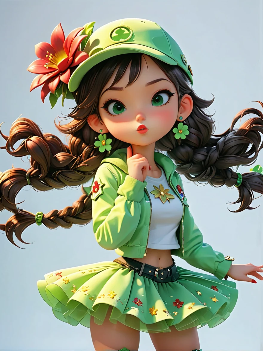 poster design, Flower elements, Starry sky elements, weird, Girl holding two hands and a hat, Deep silver, light green, red light, whole body, Corporate punk, Character detail design, Plush doll art style, Colorful anime stills, Color animation stills, Garage Kit, QR diagram, 2D Game Art, Cute and colorful, intellectual property, 3d, C4D, Blender, Unreal Engine, 8K, overclocked renderer, superb cinematic lighting, Chiaroscuro, detail, art award, Light, Ultra HD, 3d rendering, Realistic design, best quality, author：Faith Ringgold