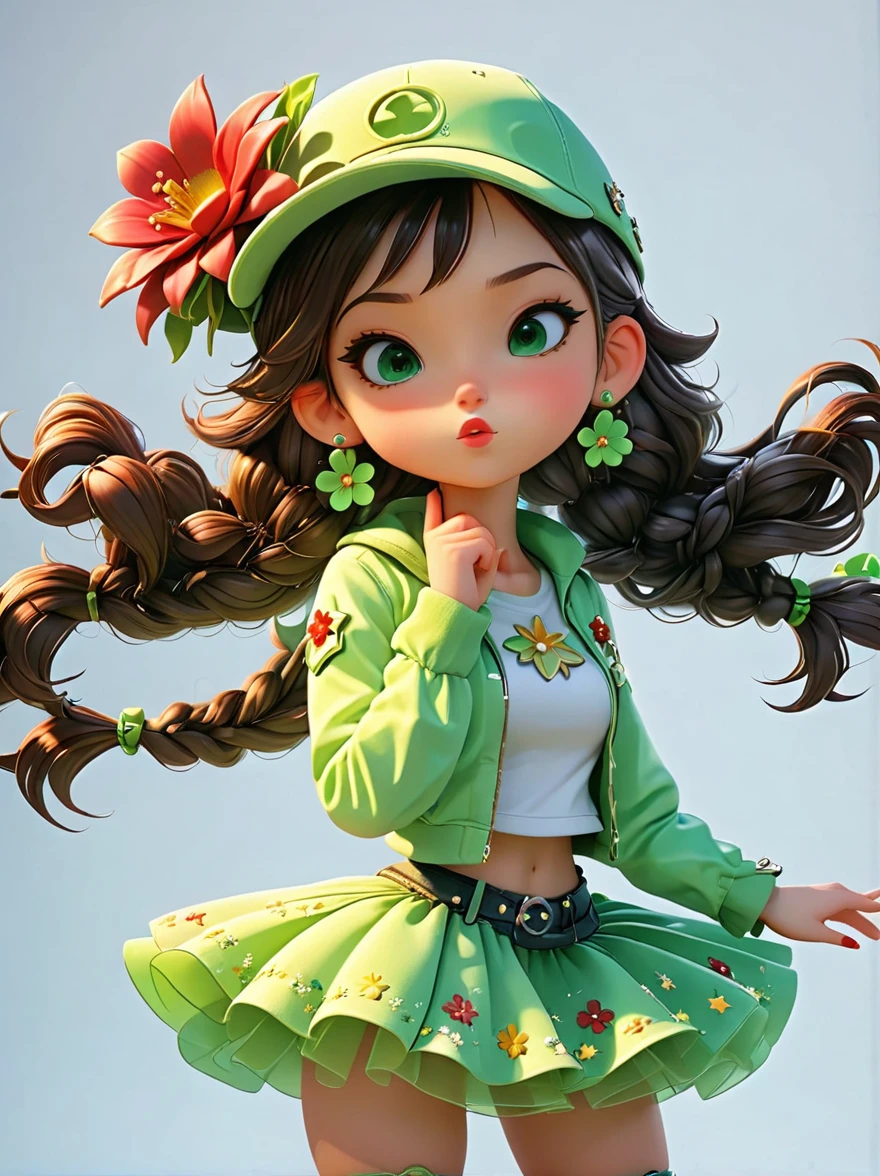 poster design, Flower elements, Starry sky elements, weird, Girl holding two hands and a hat, Deep silver, light green, red light, whole body, Corporate punk, Character detail design, Plush doll art style, Colorful anime stills, Color animation stills, Garage Kit, QR diagram, 2D Game Art, Cute and colorful, intellectual property, 3d, C4D, Blender, Unreal Engine, 8K, overclocked renderer, superb cinematic lighting, Chiaroscuro, detail, art award, Light, Ultra HD, 3d rendering, Realistic design, best quality, author：Faith Ringgold