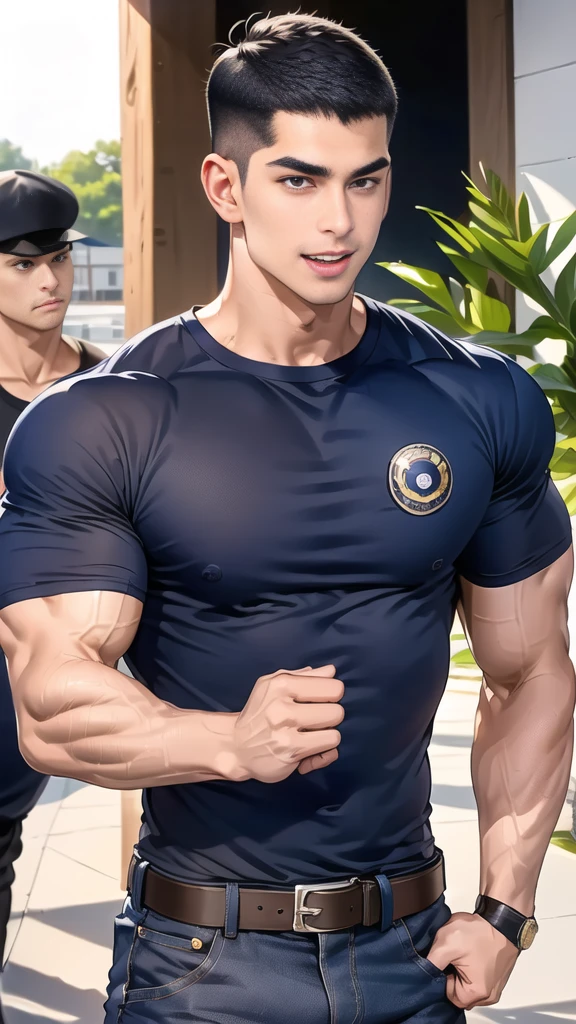 (handsome Man),(crew cut short hair:1.8),black eye,(Wear a fitted round neck t-shirt in navy with a police badge.:1.5),(fit neck),Navy blue jeans,(black_gloves:1.2), Korean guy,chest muscles,large arm muscles,blood vessel,Big muscles,Broad shoulders, (open mouth:1.2),(face up:1.2),(open eyes:1.5), middle of the road,smile, In front of the bread shop