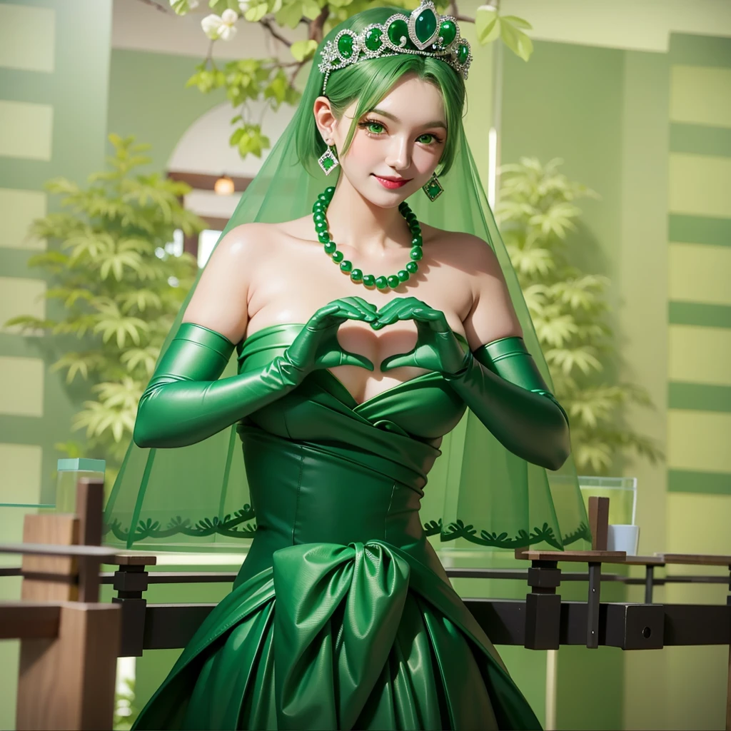 Emerald tiara, Green Pearl Necklace, ボーイッシュな非常に短いGreen Hair, Green Lips, Smiling Japanese woman, Very short hair, Busty beautiful lady, Green Eyes, Green satin long gloves, Green Eyes, Emerald Earrings, Green veil, Heart with both hands, Green Hair, Beautiful Japanese Woman, Heart shaped hands:1.3, green lip gloss