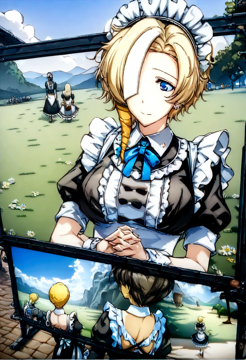 ((head of&#39;artwork)), ((best quality)), ((high resolution)), ((detailed context)), ((Background&#39;Extremely detailed Unity 8k CG display)), bare, Shiona, blond hair, Longhaire, blue eye, tuft of hair, tir de cow-boy, En plein air, ((maid outfit))