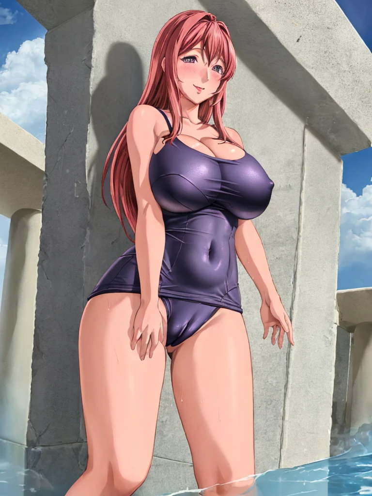 (high quality:1.2), intricate detailed, digital art, TakashiroHiroko, anime,1girl,  female, solo, cowboy shot, looking at viewer, smile, blush, purple eyes, long hair, red hair,  1 girl solo,(((gigantic breast((saggy breasts))), 
legs standingt viewer, arms above head, full body,
one-piece navyblue swimsuit,old school navyblue swimsuit,school navyblue swimsuit,wet,barefoot,cameltoe. 

embarrassing,blush, 
upper body,front view,

sunlight, cloudy sky, sun, school pool,outdoor,