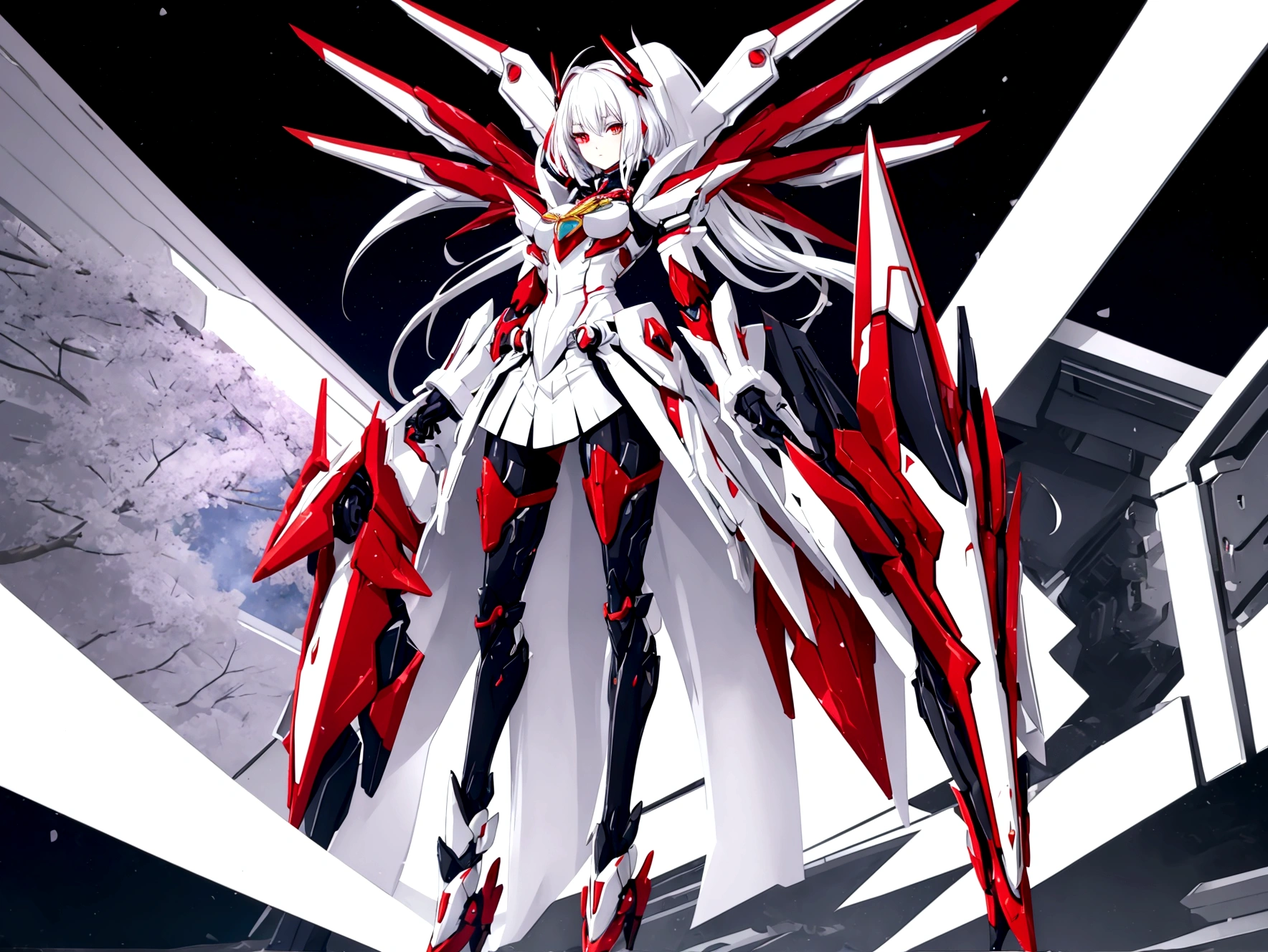 mecha style magical girl, White hair, red eyes, wearing a crimson coloured Magical girl style mecha armor, full body in picture turned towards viewer