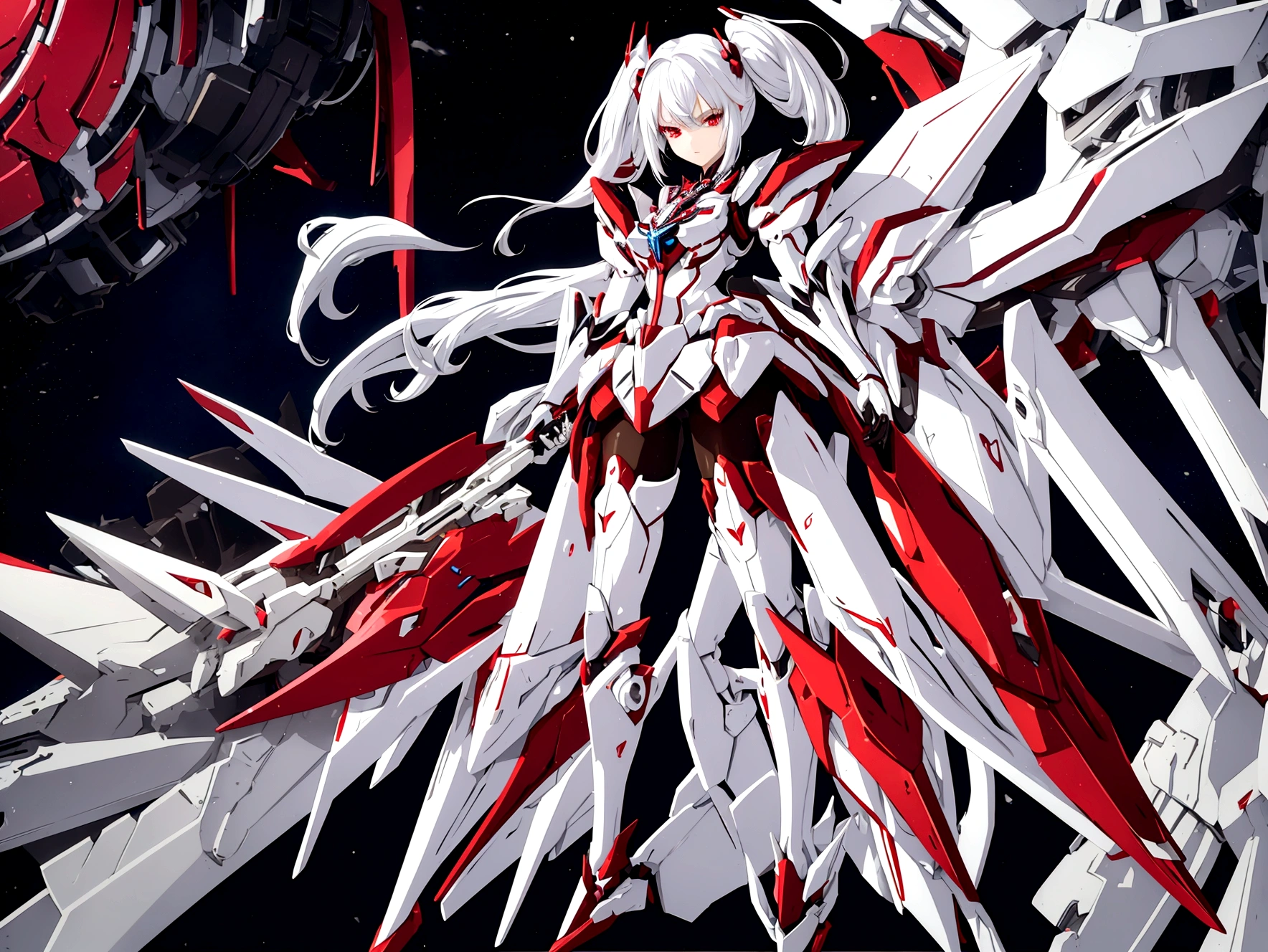 mecha style magical girl, White hair, red eyes, wearing a crimson coloured Magical girl style mecha armor, full body in picture turned towards viewer