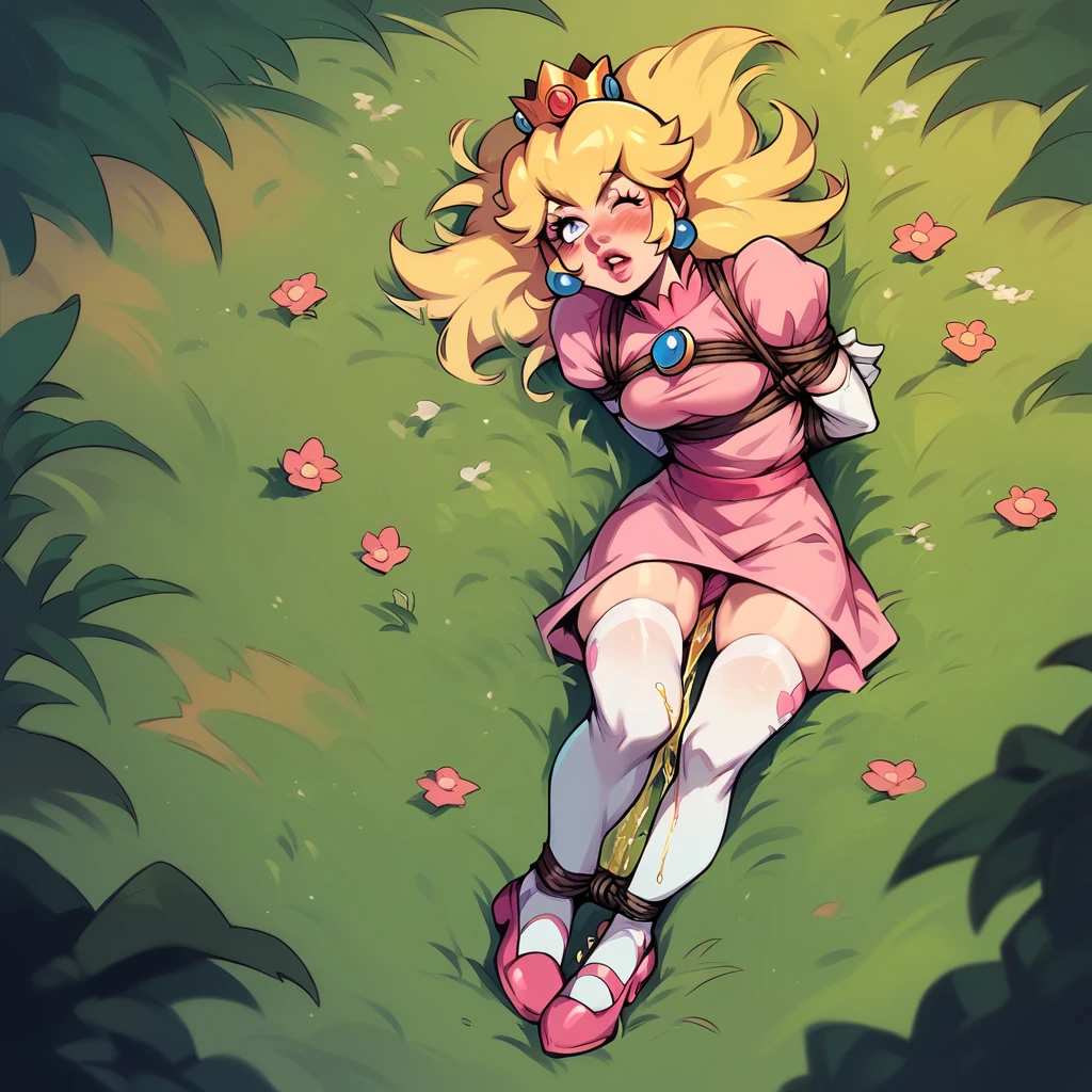 tied up princess Peach lying on the grass, Monster peeing on her tits