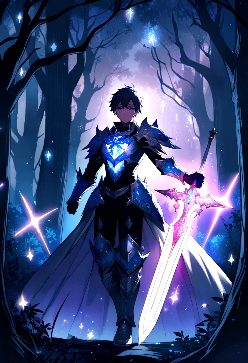 A anime boy wearing enchanted armor with glowing runes, wielding a giant magical sword, in a mystical forest with ethereal lights.