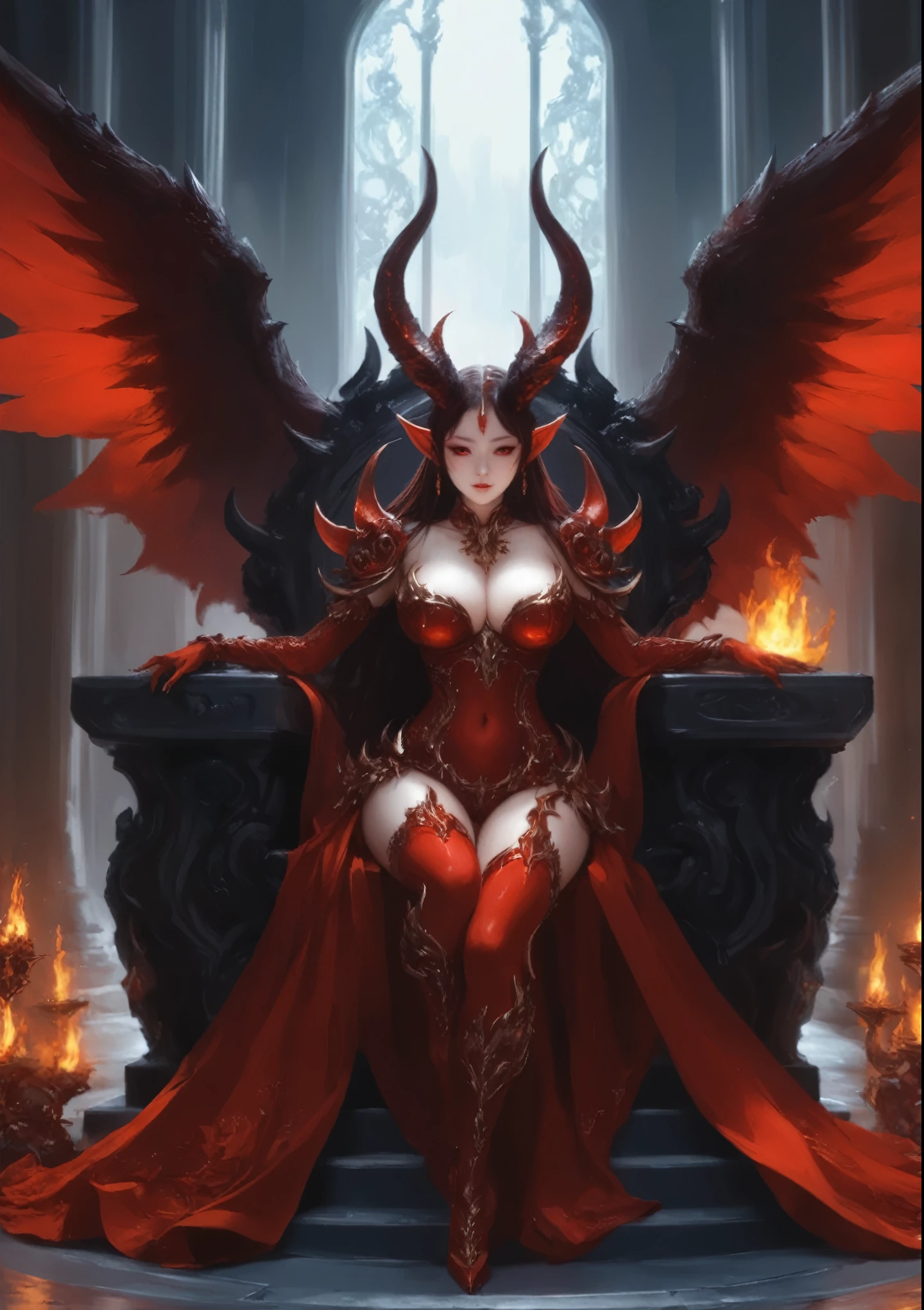 (High quality, 8ก, 4K, Highly detailed, high contrast, Masterpiece:1.2,High quality, The best aesthetics), ((1 female)), devilแสนสวย, light shining above , Red skin, big breasts, , devil horns, see the whole body ;wing, wingที่ตั้งต่ำ, sitting on a golden throne, , devil, Impressive fantasy artwork, Very detailed illustrations.