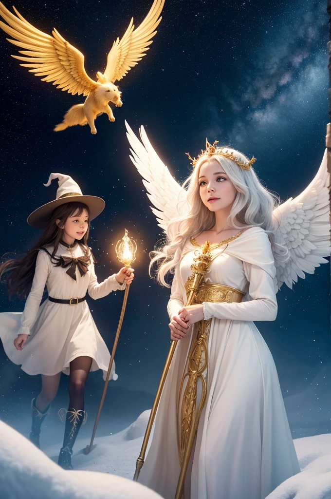 The witch with angel powers flies through the heavens on her golden broom, spreading light and kindness wherever he goes. Your enchanted dog, with fur as white as snow and eyes that shine like stars, faithfully accompanies her on her magical adventures. standing together, they protect the weakest and perform benevolent spells, using your powers to heal, bring joy and spread love. This extraordinary duo is a unique example of the harmony between magic and kindness, proving that even witches can have angelic souls.