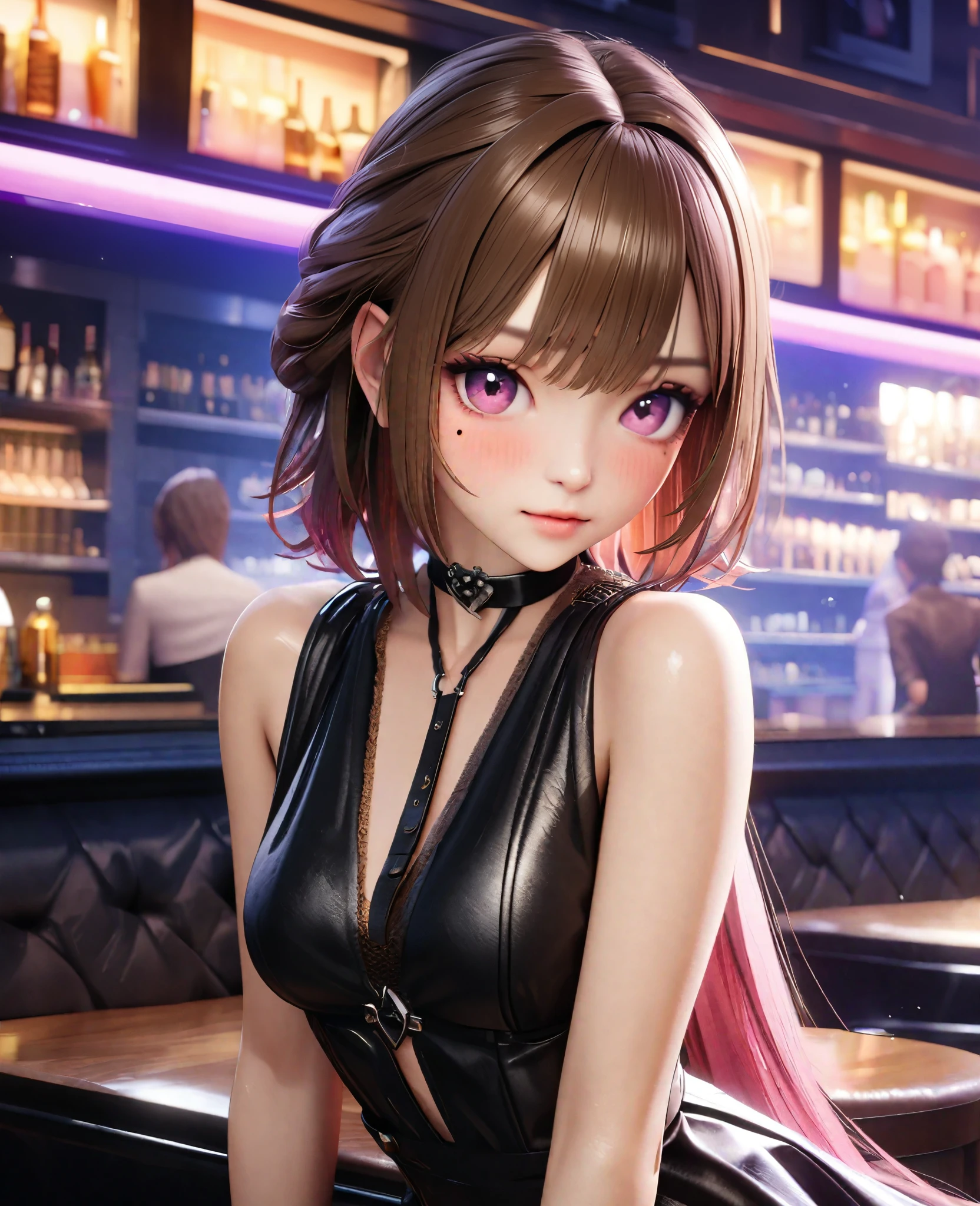 Portrait of ubel: a stunning woman with an updo, sitting at the bar in a nightclub. This masterpiece is of the best quality, ultra-detailed, and perfect for an 8k HDR wallpaper. Featuring cinematic lighting with sharp focus and intricate details. NSFW