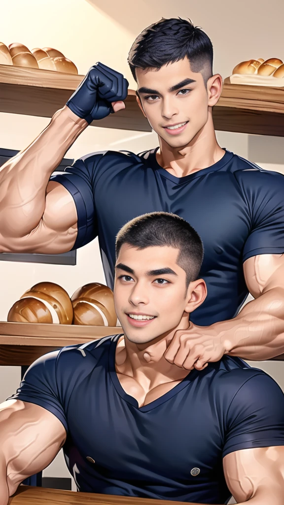 (handsome Man),(crew cut short hair:1.8), (man and woman hugging and kissing: 1.5), (man and woman: 1.5), smile, (A man wears a navy blue short-sleeved round neck t-shirt.: 1.3), Navy cargo pants, Korean guy , korean men, (High gloss details), chest muscles, large arm muscles, blood vessel, Big muscles, Broad shoulders, looking at the audience, Balancing the eyes, smile, Close your eyes, open your mouth., (Close your eyes, open your mouth. : 1.3) , ,(genital very long big : 1.8), (Big testicles), (Erection of the penis: 1.1), (How: 1.8) ,(naked woman: 1.9), Make love, fucking, sex, lust,  (, In front of the bread shop: 1.3) ,