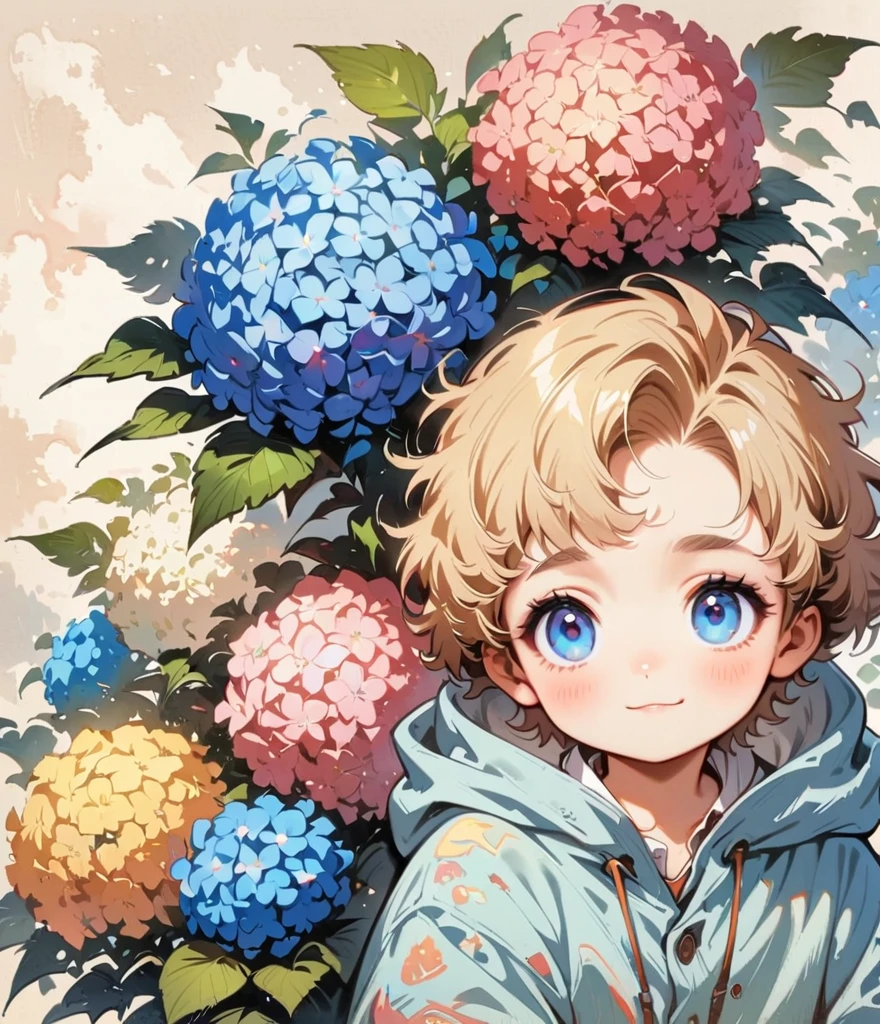 cool face boy、Strong Face、Blonde Short、 A rainbow appears。Hydrangea(masterpiece, Highest quality:1.2), Cartoon style character design， alone，Eyes with raised corners of the eyes，Light blue shirt，