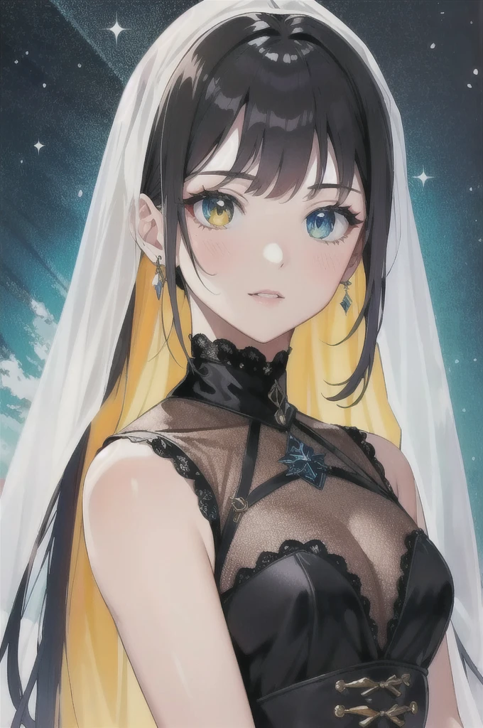 sakimiChanStyle, Urop Style, Portraiture, Detailed painted face, Beautiful woman, Fuller lips, Opaque Veil, Medieval Veil, Head rail, 12th century, Eyes with heterochromia, Rainbow Eyes, Medieval costume, Brot, Lord of the Rings Gown, Near perfect, Beautiful anime style, Character Panorama, Beautiful and detailed face, Shining Shadow, Beautiful gradation, Depth of written boundary, Beautiful graphics, high quality, High detail, High resolution, Luminous Studio graphics engine