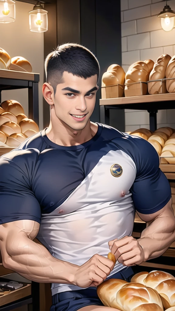 (NSFW: 1.5), (handsome Man sitting on table eating bread ),(crew cut short hair:1.8),black eye,(Wear a fitted round neck t-shirt in navy with a police badge.:1.5),(fit neck),Navy blue jeans,(black_gloves:1.2), Korean guy,chest muscles,large arm muscles,blood vessel,Big muscles,Broad shoulders, (open mouth:1.2),(face up:1.2),(open eyes:1.5), middle of the road,smile, In the bread shop,