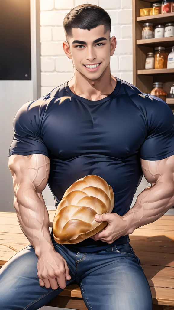 (NSFW: 1.5), (handsome Man sitting on table eating bread ),(crew cut short hair:1.8),black eye,(Wear a fitted round neck t-shirt in navy with a police badge.:1.5),(fit neck),Navy blue jeans,(black_gloves:1.2), Korean guy,chest muscles,large arm muscles,blood vessel,Big muscles,Broad shoulders, (open mouth:1.2),(face up:1.2),(open eyes:1.5), middle of the road,smile, In the bread shop,
