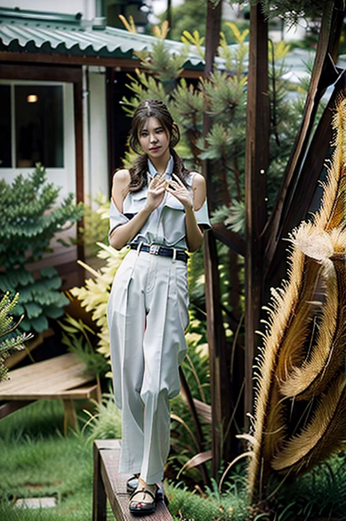 8K, best quality, Masterpiece, Highly detailed, semi-realistic, a young woman, a young woman, 20 years old, look at hands, Long dark brown hair with bangs., curly hair, green eyes, Black Japanese style clothing, white pants, bare shoulders, golden details, Slim figure, A cold expression, battle scene, outdoor, forest background, There were many trees and the sky was overcast.