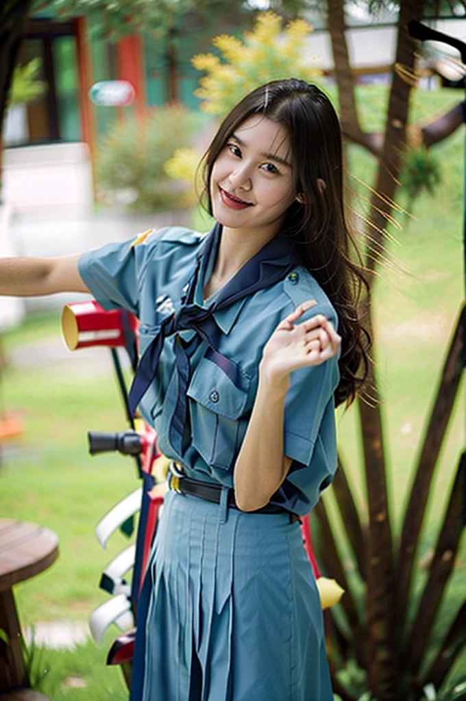 8K, best quality, Masterpiece, Highly detailed, semi-realistic, a young woman, a young woman, 20 years old, look at hands, Long dark brown hair with bangs., curly hair, green eyes, Black Japanese style clothing, white pants, bare shoulders, golden details, Slim figure, A cold expression, battle scene, outdoor, forest background, There were many trees and the sky was overcast.