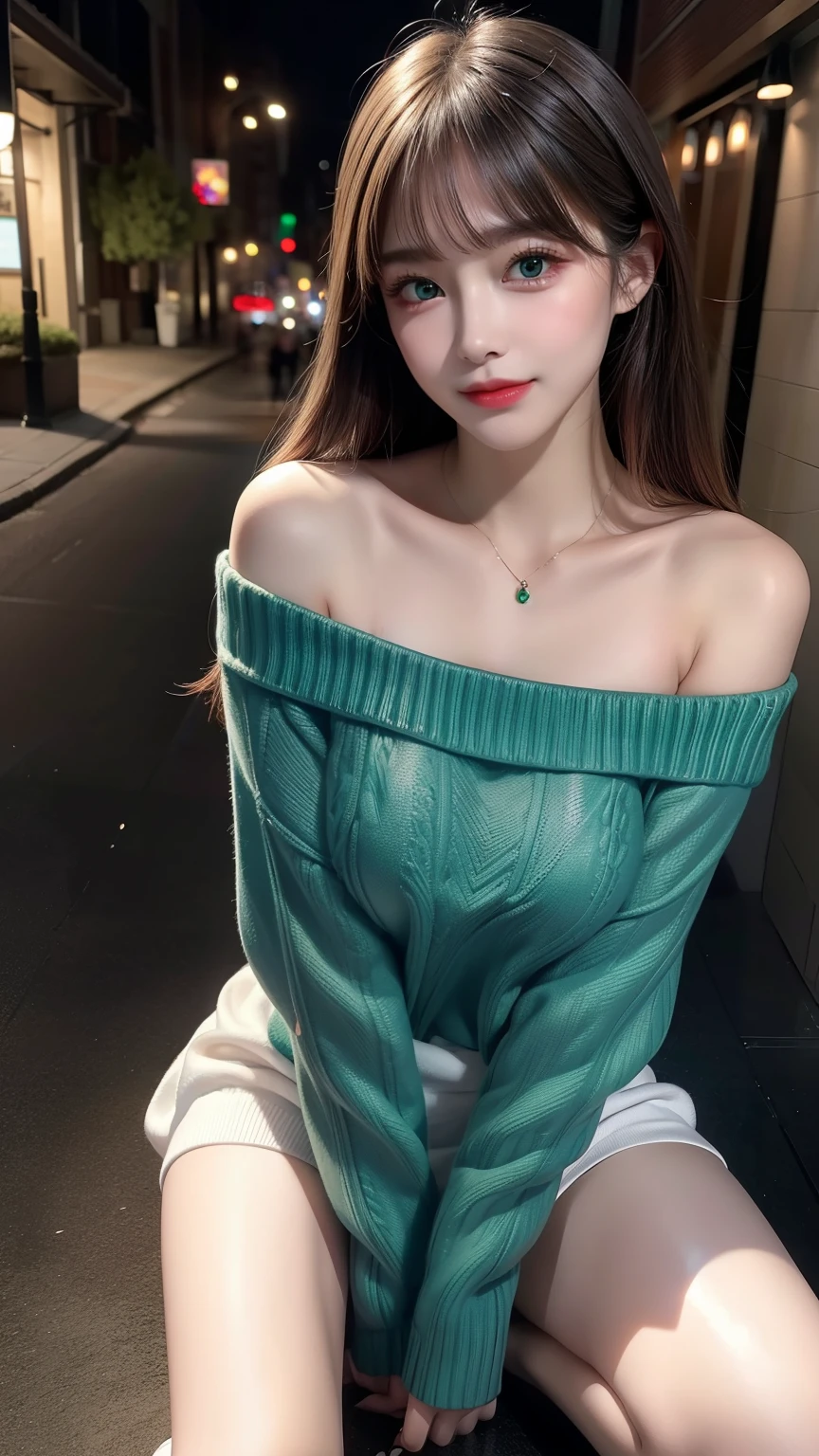 (masutepiece:1.3, Photorealsitic:1.4, 8K), top-quality, masterpiece, 超A high resolution, Perfect dynamic composition, Highly detailed skin and facial texture:1.3, A detailed eye, Detailed limbs, Street corner on an autumn night:1.1, 1girl in, Cute sexy 25 year old woman, Fair skin, tilt the neck, ((embarrassing smile:1.0, I love you fiercely:0.9)), (Wearing an emerald green off-the-shoulder long sweater:1.2), (Colossal tits:0.8), cleavage:0.6, ((Beautiful blue eyes, Eyes that feel beautiful eros:0.85)), Brown Long Boots, (Beautiful legs), Sexy face:0.4, red blush:1.1, ((A mouthfeel that feels beautiful eros:0.85)), ((Too erotic:0.9)), Silver necklace,NFSW