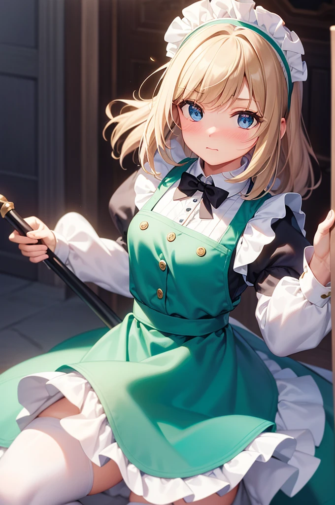 masterpiece, best quality,1girl, solo,whtie hair,medium hair,blue eyes,long sleeves,juliet sleeves,apron,maid,maid headdress,puffy sleeves,green dress,vest,buttons, white thighhighs,standing, looking at viewer, nose blush, (holding mop:1.2),