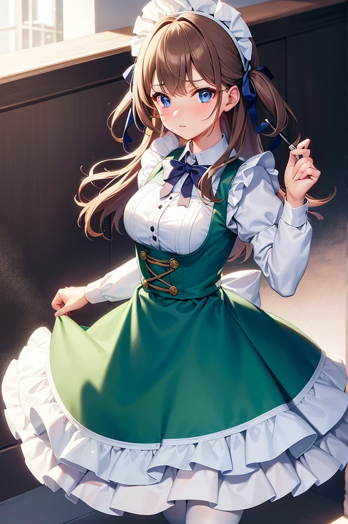 masterpiece, best quality,1girl, solo,whtie hair,medium hair,blue eyes,long sleeves,juliet sleeves,apron,maid,maid headdress,puffy sleeves,green dress,vest,buttons, white thighhighs,standing, looking at viewer, nose blush, (holding mop:1.2),