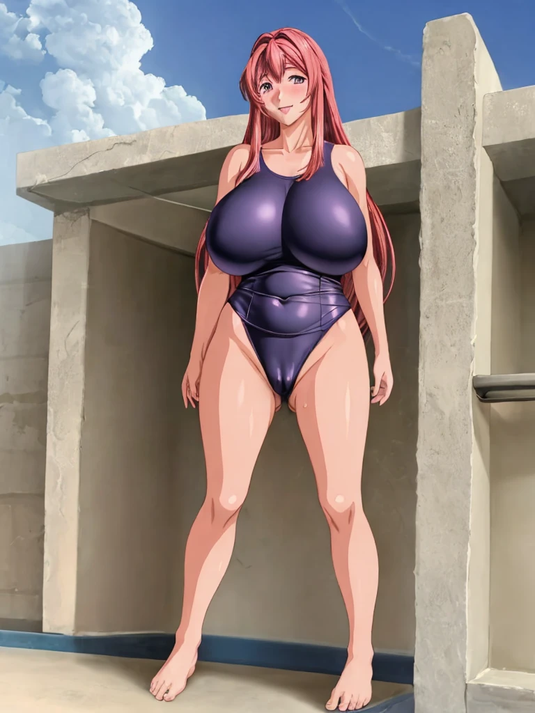 (high quality:1.2), intricate detailed, digital art, TakashiroHiroko, anime,1girl, mature female, solo, cowboy shot, looking at viewer, smile, blush, purple eyes, long hair, red hair,  1 girl solo,(((gigantic breasts))), (((saggy breasts))), 
spread legs standing, looking at viewer, arms above head, full body,
one-piece navyblue swimsuit,old school navyblue swimsuit,school navyblue swimsuit,wet,barefoot,cameltoe. 

embarrassing,blush, 

sunlight, cloudy sky, sun, school pool,outdoor,