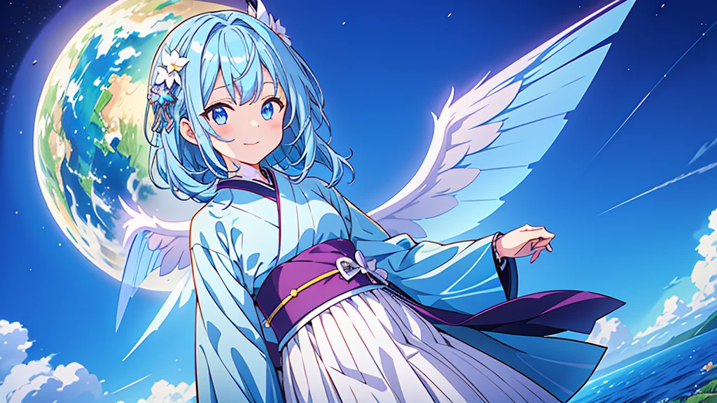 Highest quality、Masterpiece、Official Art、Dynamic composition、One Girl, alone,starの妖精、 Hello, Virtual YouTuber, Milky white with blue inner color hair, Transparent little fairy wings, Hello,wings, Blue Hair, smile, View your viewers, 青いbackground, background, Long Hair, Single hair ingestion, upper dy whole body,Blue eyes, 眉毛より上の短めのbangs, bangs, blue eyes,Sleeves are longer than the wrist, Gothic ta Kimono Remade from Kimono、universe、Milky Way、star、