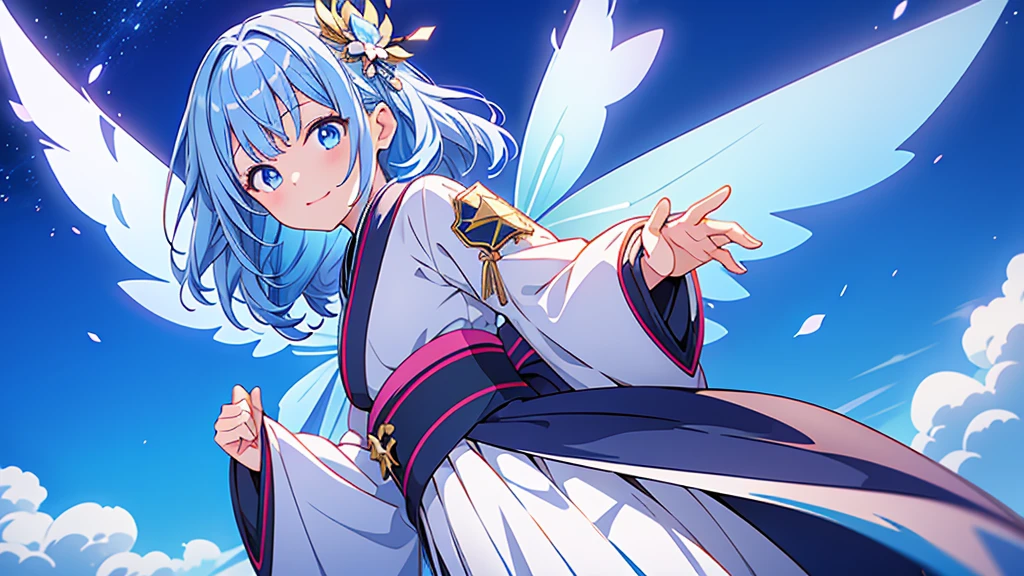 Highest quality、Masterpiece、Official Art、Dynamic composition、One Girl, alone,starの妖精、 Hello, Virtual YouTuber, Milky white with blue inner color hair, Transparent little fairy wings, Hello,wings, Blue Hair, smile, View your viewers, 青いbackground, background, Long Hair, Single hair ingestion, upper dy whole body,Blue eyes, 眉毛より上の短めのbangs, bangs, blue eyes,Sleeves are longer than the wrist, Gothic Lolita Kimono Remade from Kimono、universe、Milky Way、star、
