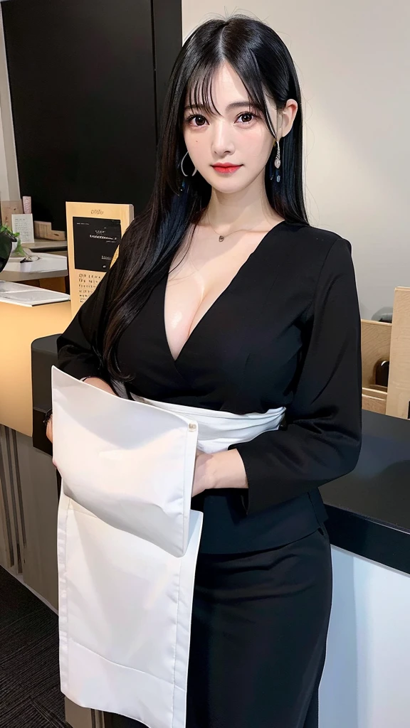 (((32k))), RAW Photos , (Highest quality, detailed:1.2),  (非常に繊細でdetailed), Ultra-high resolution, (((((33 years old, Sexy Gal, Taiwanese woman))))),  (((Big Breasts))), (((Tight waist))), (((Big Hips))), , One person, Elegant, Beautiful woman, Outstanding image quality,  非常にdetailedな顔, Perfect lighting, White skin, ((Long black hair:1.4)), soft, Cute Smile, Bambi Face, Droopy eyes, Sexy lips, (((Receptionist:1.6))), 