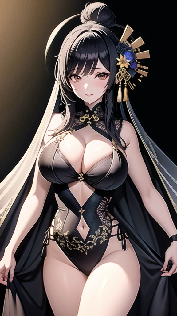 mask off China, dark black background, neon flowers, detailed, uhd, long hair, , wallpaper,  girl in the full-length view