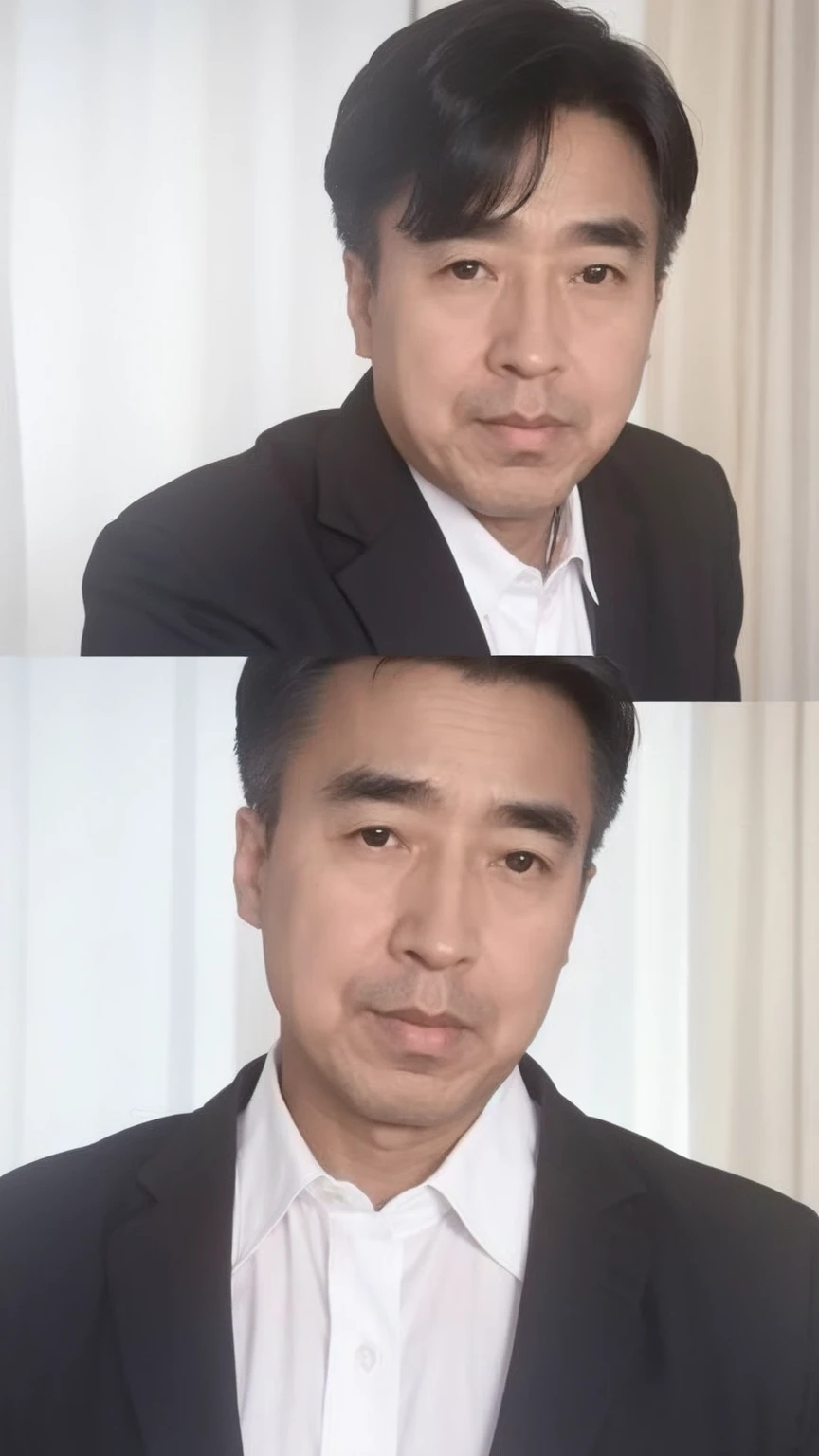 40-year-old male, Soft headlight,High-density imaging,(Clean and delicate face),(Thin face)((Black suit)),((Various dynamic poses)),((White curtains in the background)),best quality,masterpiece,(Soft colors:1.2)