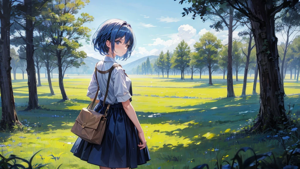 girl turning her back to the camera, blue atmosphere, Field, trees