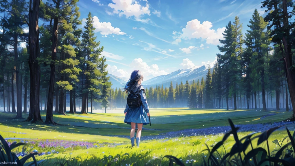girl turning her back to the camera, blue atmosphere, Field, trees