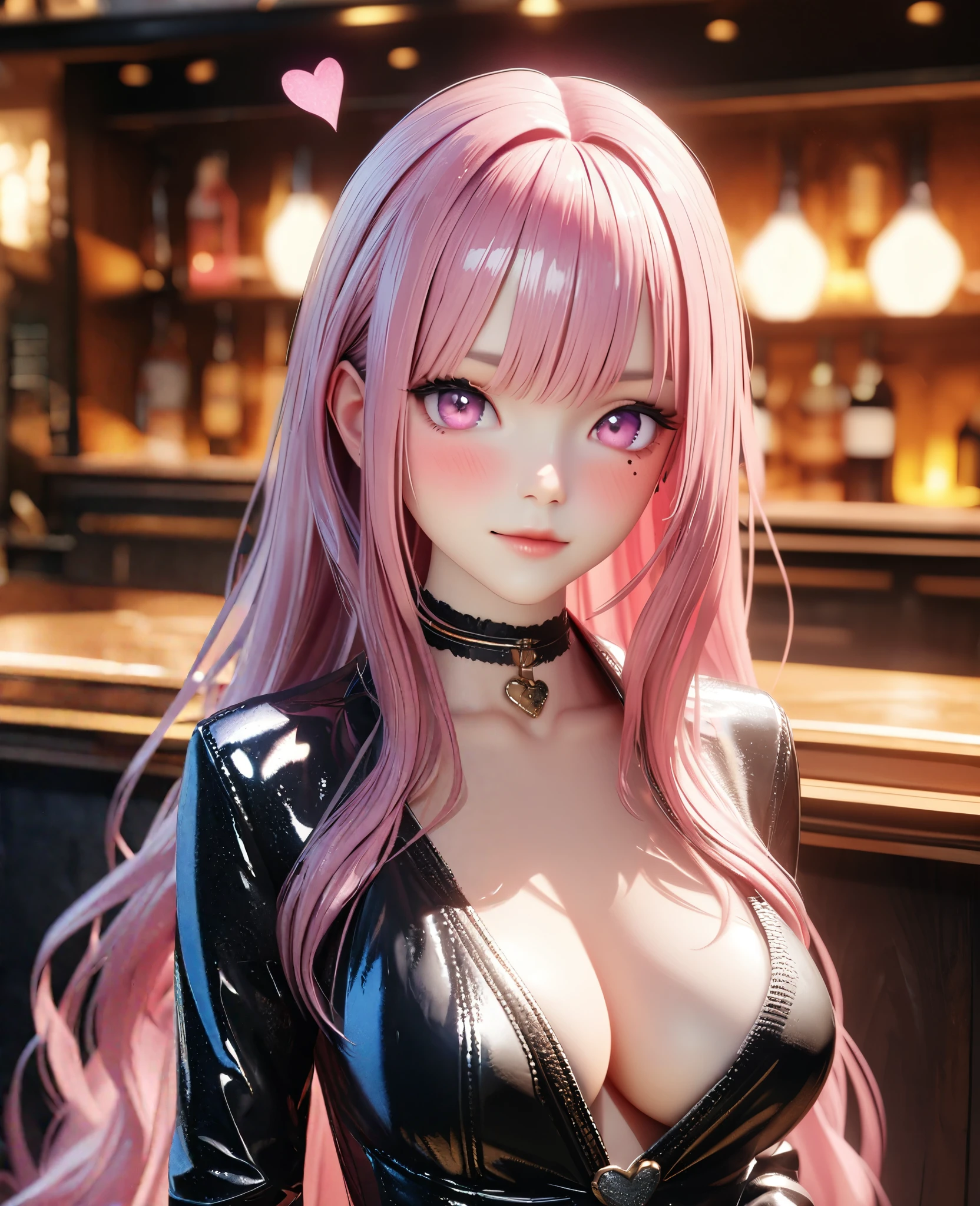 masterpiece, best quality, very detailed, high resolution, expensive resolution, high resolution, 4K, 8k, Unity 8k wallpaper, highly detailed CG, masterpiece, 2D, 3D, beautiful details, depth, fine texture, best quality: 1.3, perfectly focused, crispy skin, he,
Very cute anime girl, two girls who are employees of a night bar, sexy dress, big breasts, expensive pink medium long hair and brown short hair, two girls, night bar, mole under eye, looking at the viewer, expensive, blush, mole, lips parted,, heart, pink eyes, choker