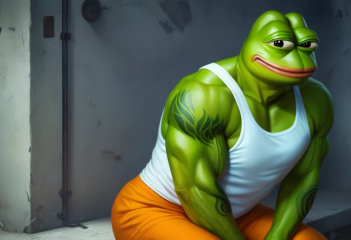 score_9, score_8_up, score_7_up, score_6_up, score_5_up, score_4_up,  pepe the frog sitting on a bench in a prison yard, white tank top, orange pants, muscles, muscular, tattoos, realistic, highres, official_art, green skin, frog, amphibian, looking at you, tiled wall, bars, jail, grim, foreboding, frightening, shadows, analog photo, ziprealism, masterpiece, best quality 