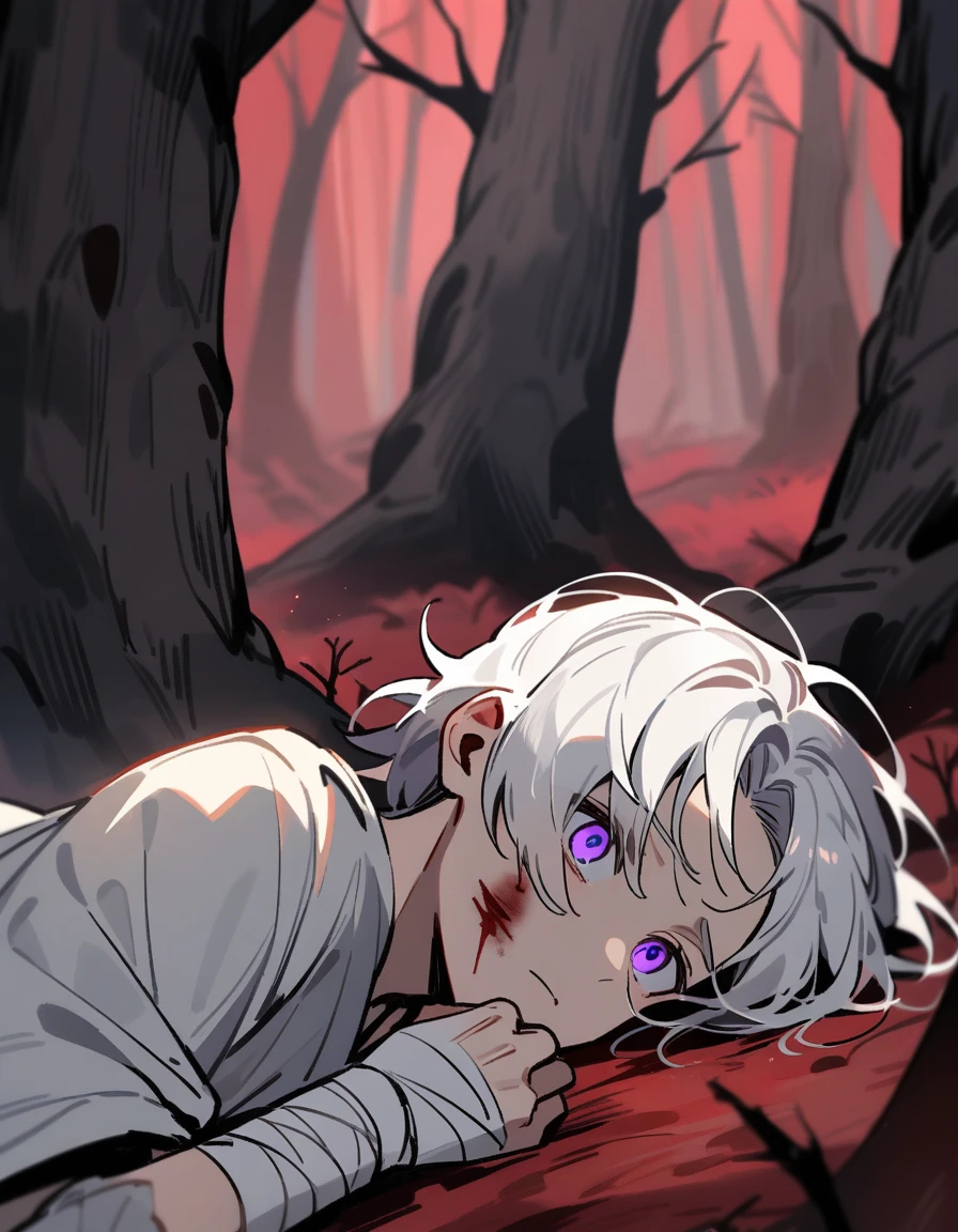 little Greek boy with white hair, violet eyes, with bandaged wrists, lying alone in a red forest with dead trees, with his face bruised and his forehead bleeding profusely