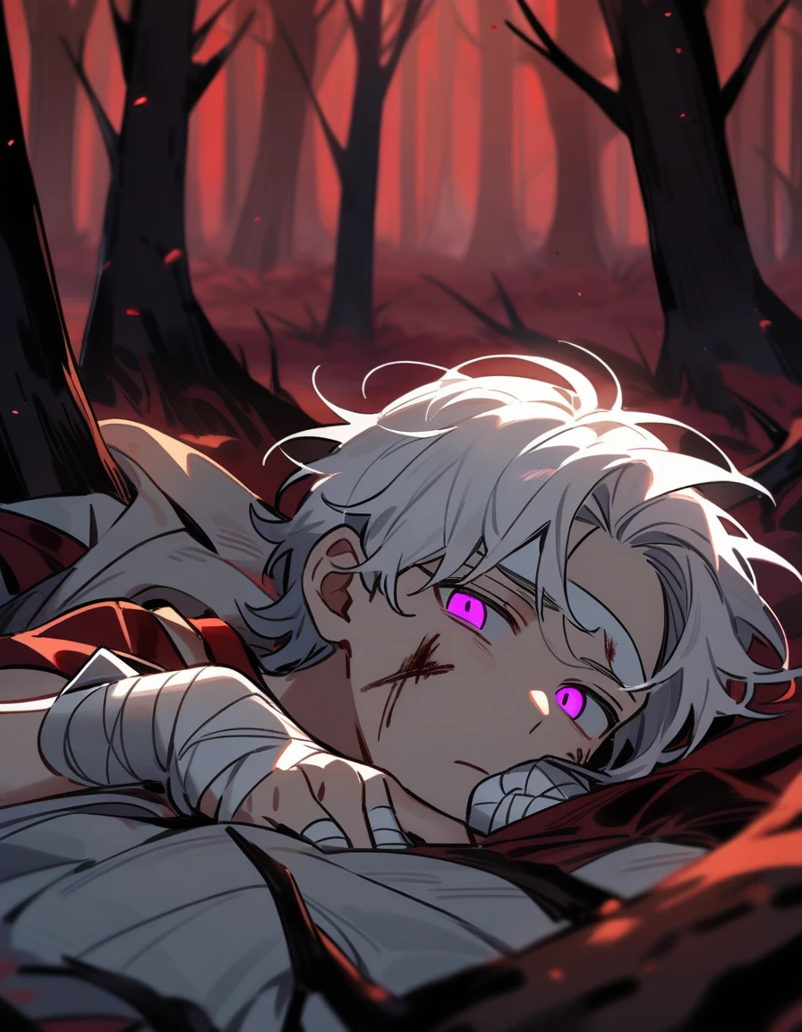little Greek boy with white hair, violet eyes, with bandaged wrists, lying alone in a red forest with dead trees, with his face bruised and his forehead bleeding profusely