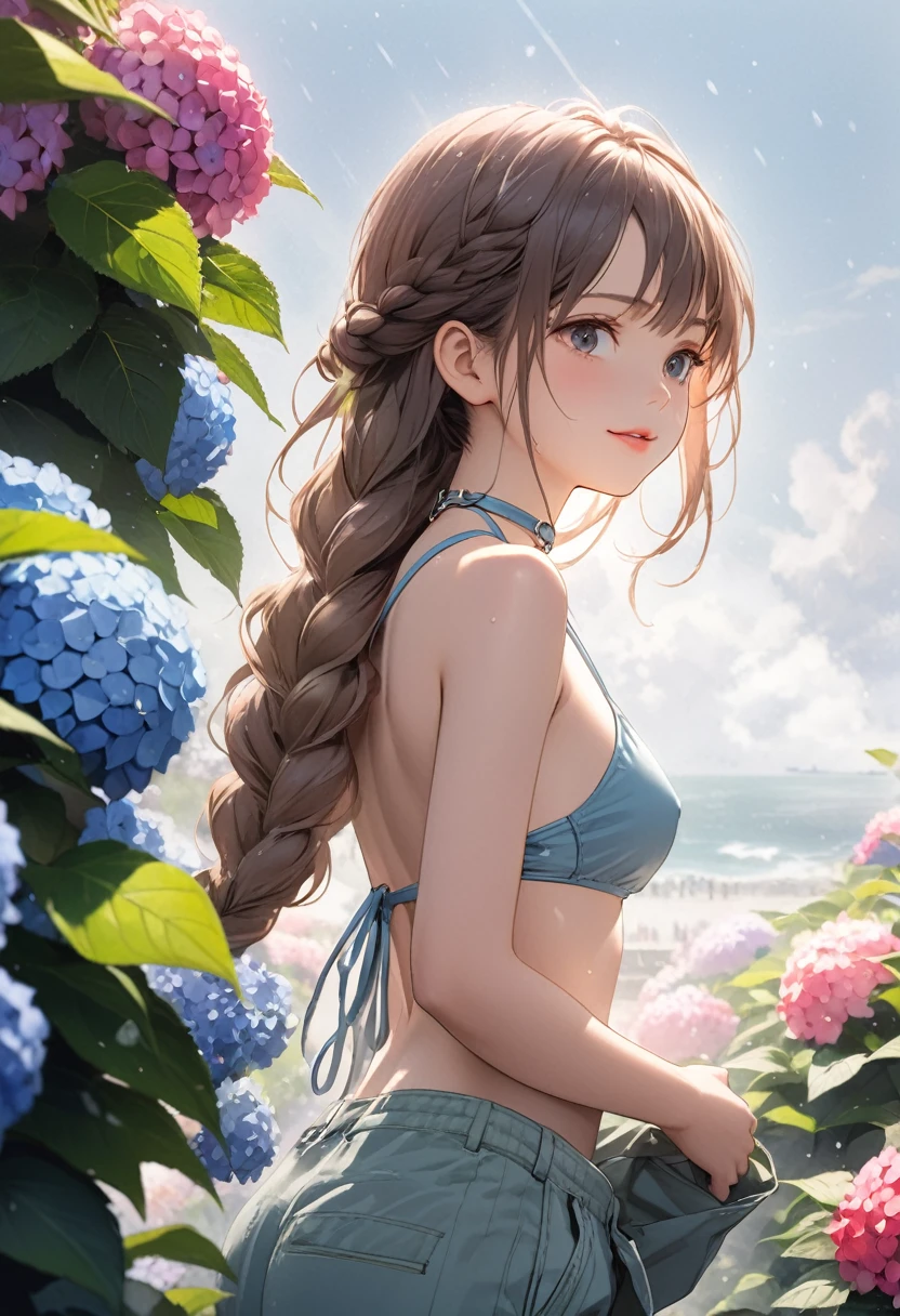 ((Masterpiece)), ((best quality)), (Anime:1.5), (RAW photo:1.2),(High Definition:1.3), (Professional Photography:1.2), (sharp focus), (perfect light),1girl, ((12 years old)), (smug), (Glossy lips), upper body, looking at another, (loose bikini top), O-ring, loose braid, ((loose pants pull up)), choker, pale brown hair, small breast, cute hips, (mist effect:1.3), (on the steps), in colorful Hydrangeas fields, rainyday, Beautiful Horizon Background, (Hydrangeas),
