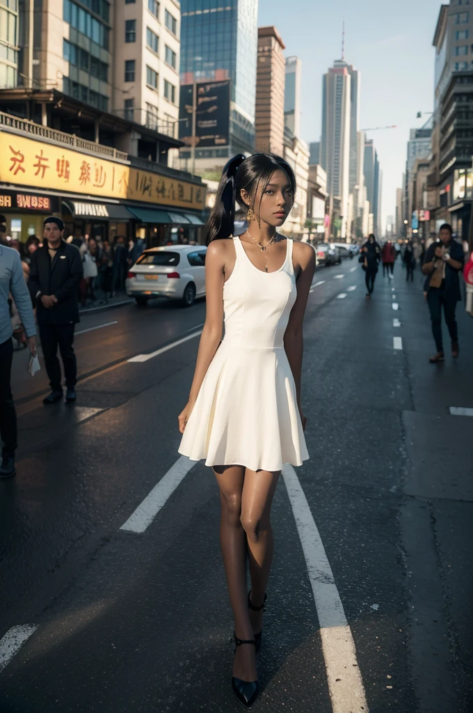 (((best quality))),(((ultra detailed))),(((masterpiece))),illustration,1girl,slim,vibrant cotton dress,short ponytail,flat chest,pantyhose,standing, bustling city streets, honking cars,surrounded by crowded crowds, colorful advertisements,enjoying sights and sounds,(dark black skin:1.5),(day scene:1.3),full body,arms behind back,sunshine,slender legs,sandals,sunshine
