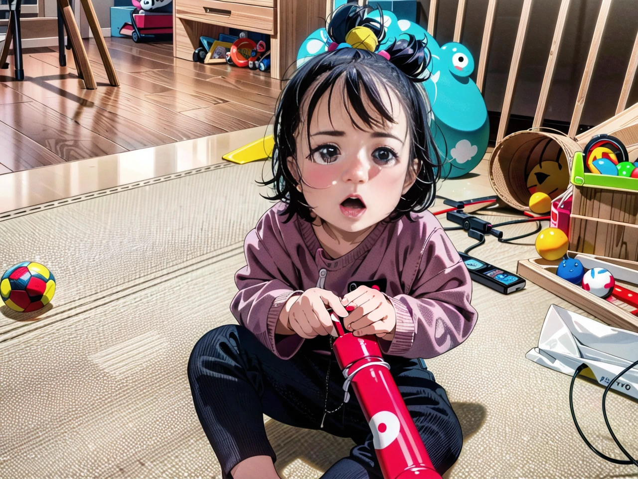 a baby sitting on the floor with a toy in her hand, dribble contest winner, toyism, cute expressive face, cute:2, straw, best quality, 4k, 8k, highres, masterpiece:1.2, ultra-detailed, realistic, photorealistic, photo-realistic:1.37, vivid colors, studio lighting, professional