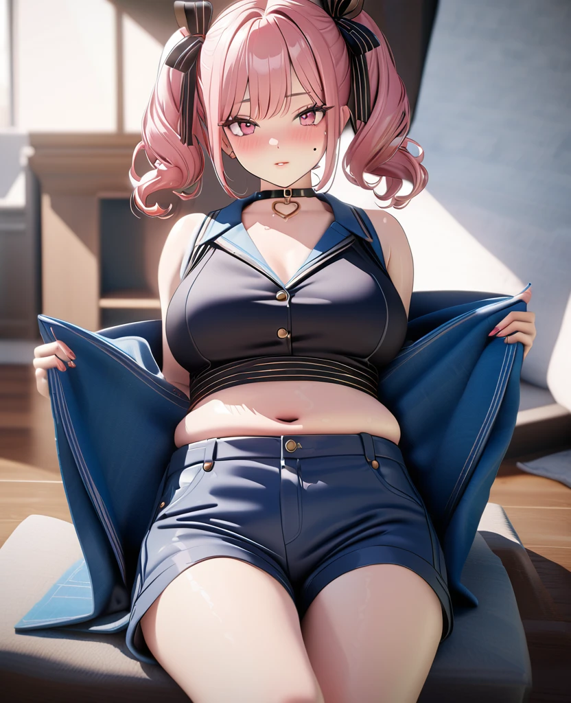 masterpiece, best quality, highly detailed, high resolution, expensive resolution, high resolution, 4K, 8k, uniform 8k wallpaper, highly detailed CG, masterpiece, 2D, 3D, beautiful details, depth, fine texture, best quality: 1.3, perfectly focused, crispy. skin, him, cute anime 20s girl, her name is Mei, idol, expensive brown short twin tails, mole under eye, looking at the viewer, cowboy shorts, expensive, blush, mole, plump lips, heart, pink eyes, heart shaped choker