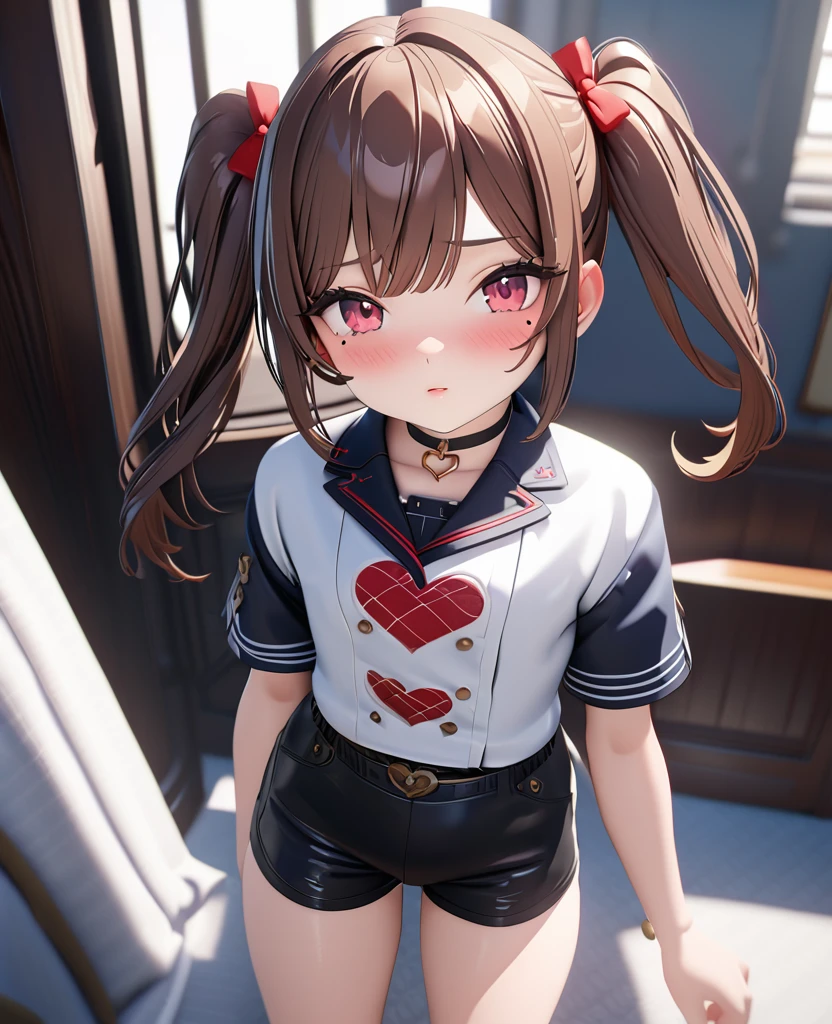 masterpiece, best quality, highly detailed, high resolution, expensive resolution, high resolution, 4K, 8k, uniform 8k wallpaper, highly detailed CG, masterpiece, 2D, 3D, beautiful details, depth, fine texture, best quality: 1.3, perfectly focused, crispy. skin, him, cute anime 20s girl, her name is Mei, idol, expensive brown short twin tails, mole under eye, looking at the viewer, cowboy shorts, expensive, blush, mole, plump lips, heart, pink eyes, heart shaped choker