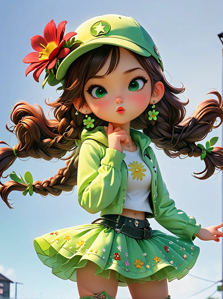 poster design, Flower elements, Starry sky elements, weird, Girl holding two hands and a hat, Deep silver, light green, red light, whole body, Corporate punk, Character detail design, Plush doll art style, Colorful anime stills, Color animation stills, Garage Kit, QR diagram, 2D Game Art, Cute and colorful, intellectual property, 3d, C4D, Blender, Unreal Engine, 8K, overclocked renderer, superb cinematic lighting, Chiaroscuro, detail, art award, Light, Ultra HD, 3d rendering, Realistic design, best quality, author:Faith Ringgold